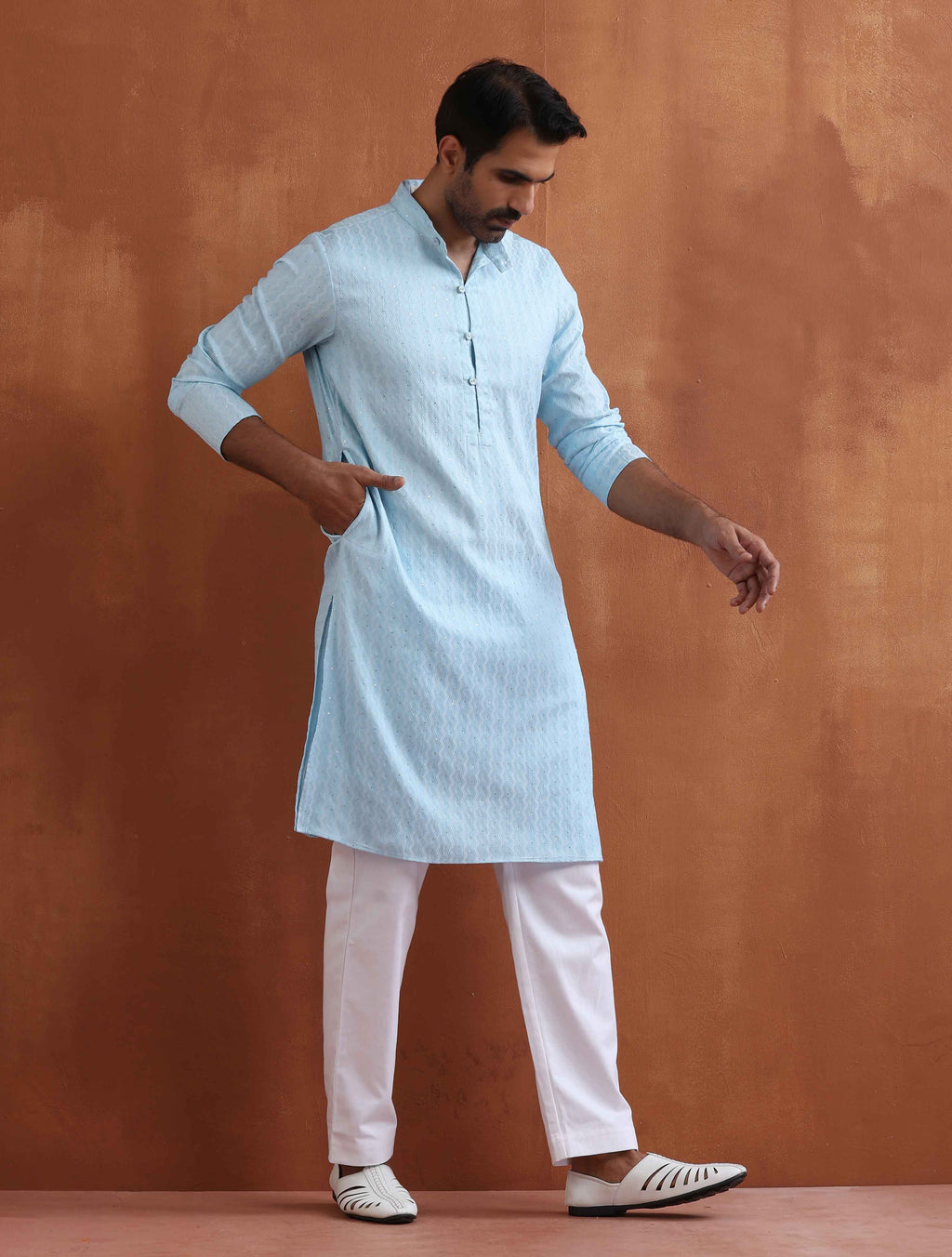 trueBrowns Men's Blue Sequin Chanderi Kurta | Grocsy