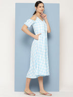 Ahalyaa Checked Cold-Shoulder Sleeves Midi Empire Ethnic Dress | Grocsy