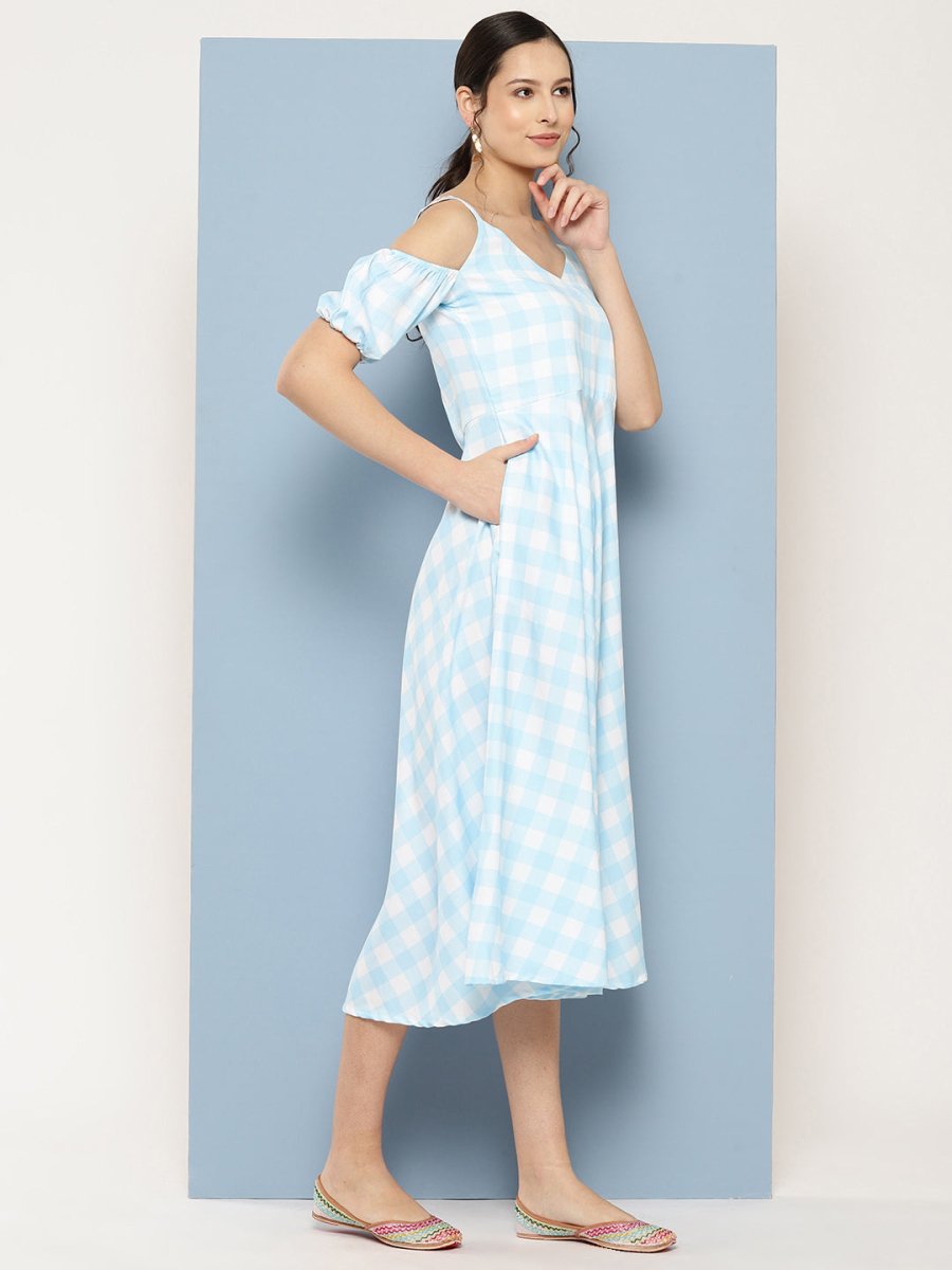 Ahalyaa Checked Cold-Shoulder Sleeves Midi Empire Ethnic Dress | Grocsy