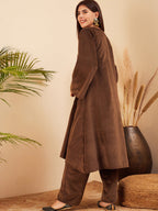InWeave Women's Brown V Neck Asymmetrical Pleated Velvet Kurta Set | Grocsy