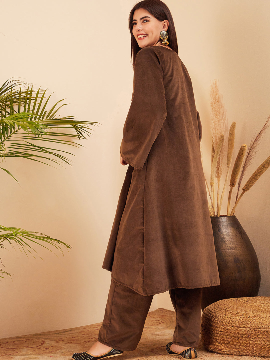 InWeave Women's Brown V Neck Asymmetrical Pleated Velvet Kurta Set | Grocsy