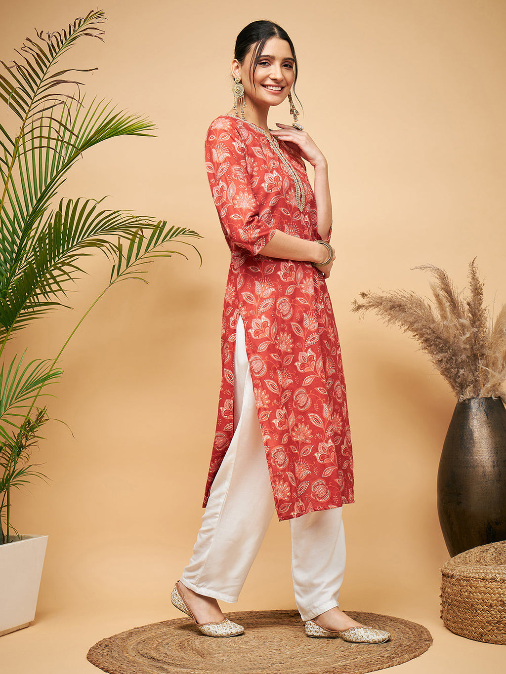 InWeave Women's Rust Paisley Print Gota Straight Kurta Pant Set | Grocsy