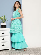 InWeave Women's Turquoise Printed Chintz Tiered Sharara Set | Grocsy