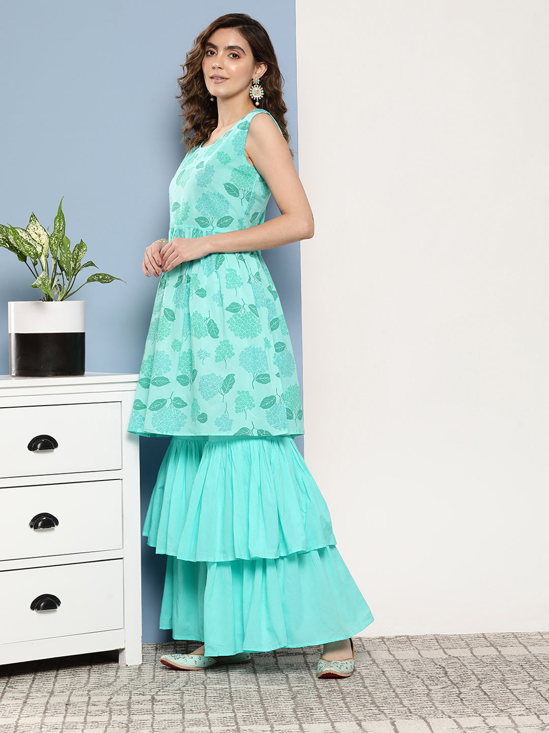 InWeave Women's Turquoise Printed Chintz Tiered Sharara Set | Grocsy