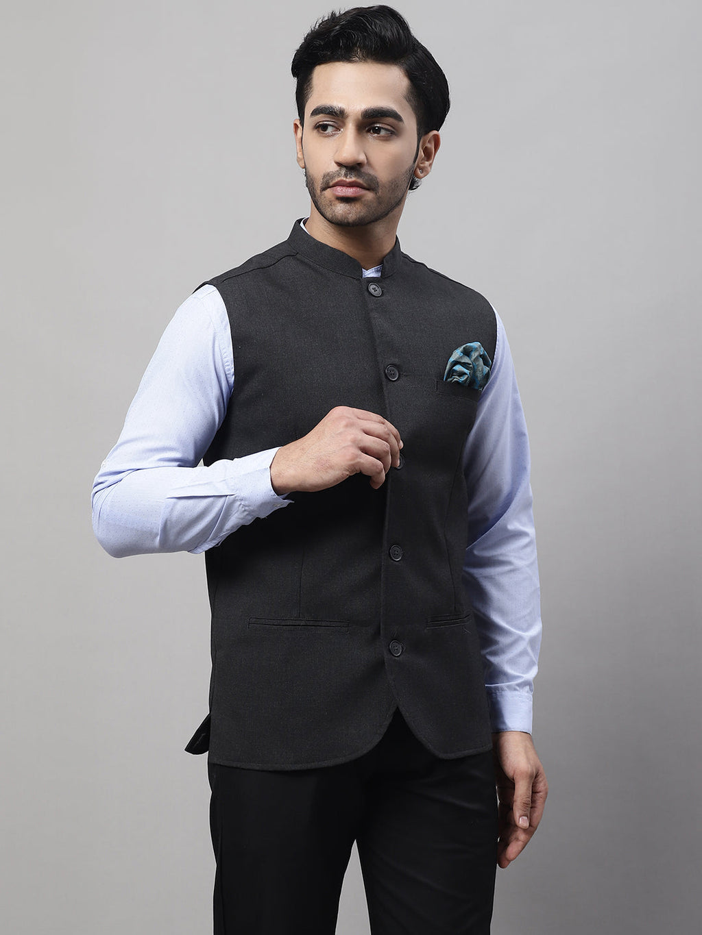 Even Apparels Men's Grey Nehru Jacket With Welt Pockets | Grocsy