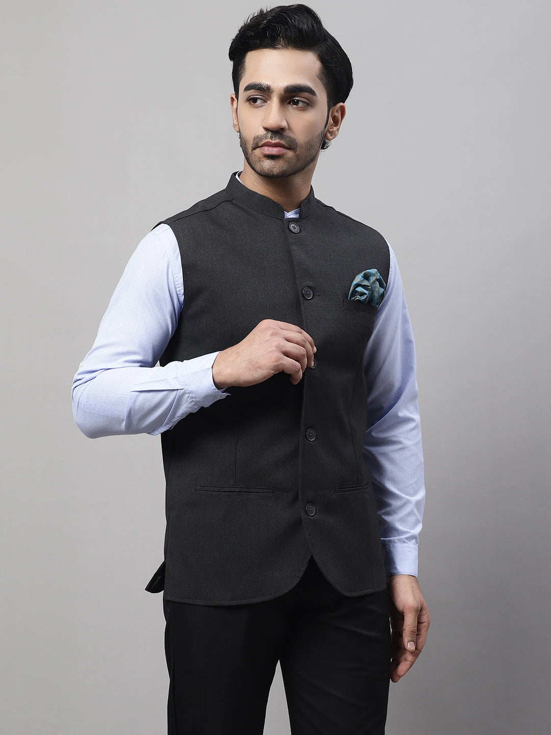 Even Apparels Men's Grey Nehru Jacket With Welt Pockets | Grocsy