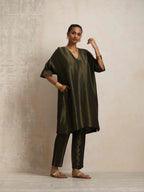 trueBrowns Olive Green Tissue Kurta Co-ord Set | Grocsy