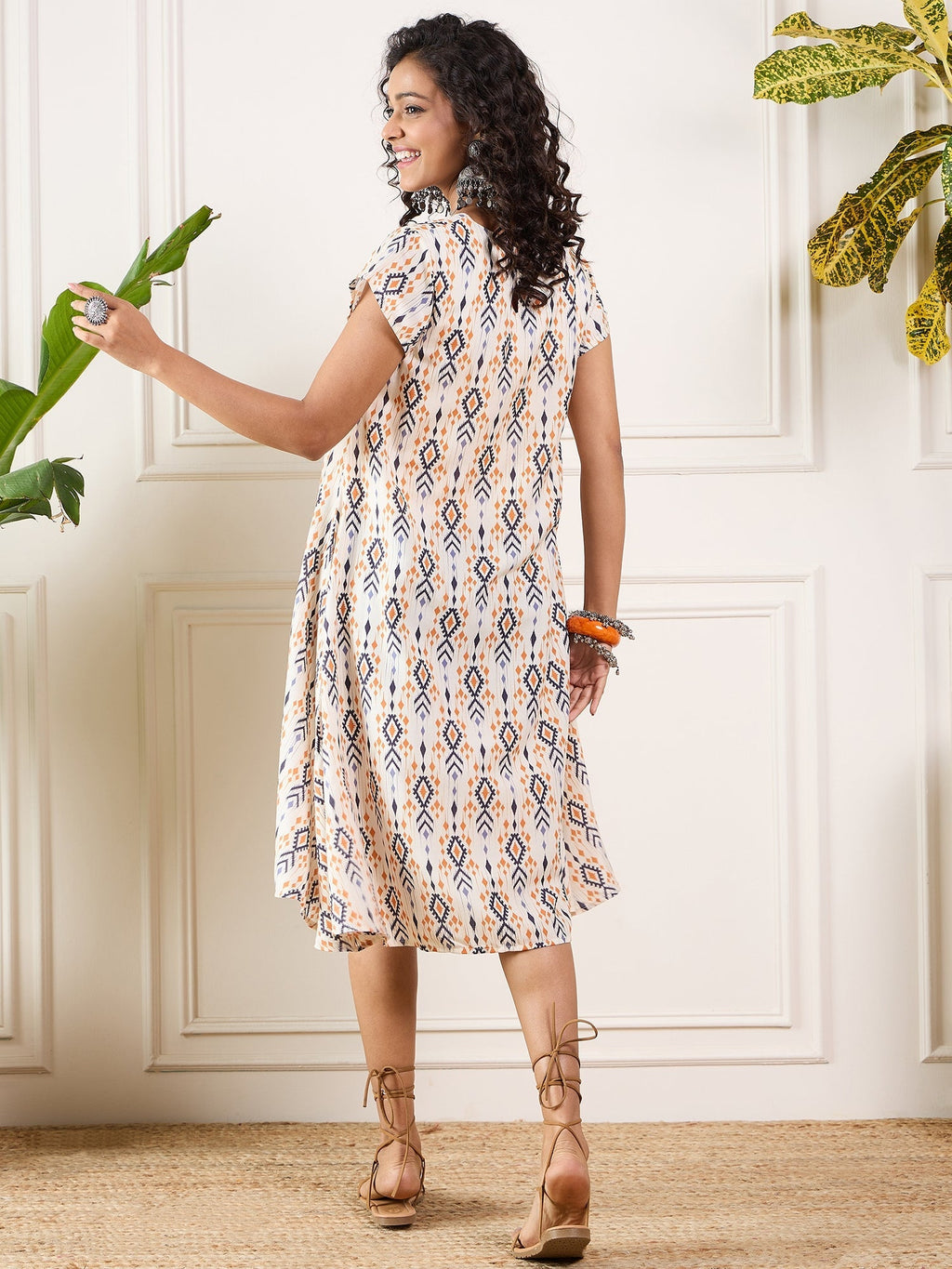 InWeave Off White Orange Black Ikkat Print Round Neck Aline Dress | Grocsy