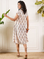 InWeave Off White Orange Black Ikkat Print Round Neck Aline Dress | Grocsy
