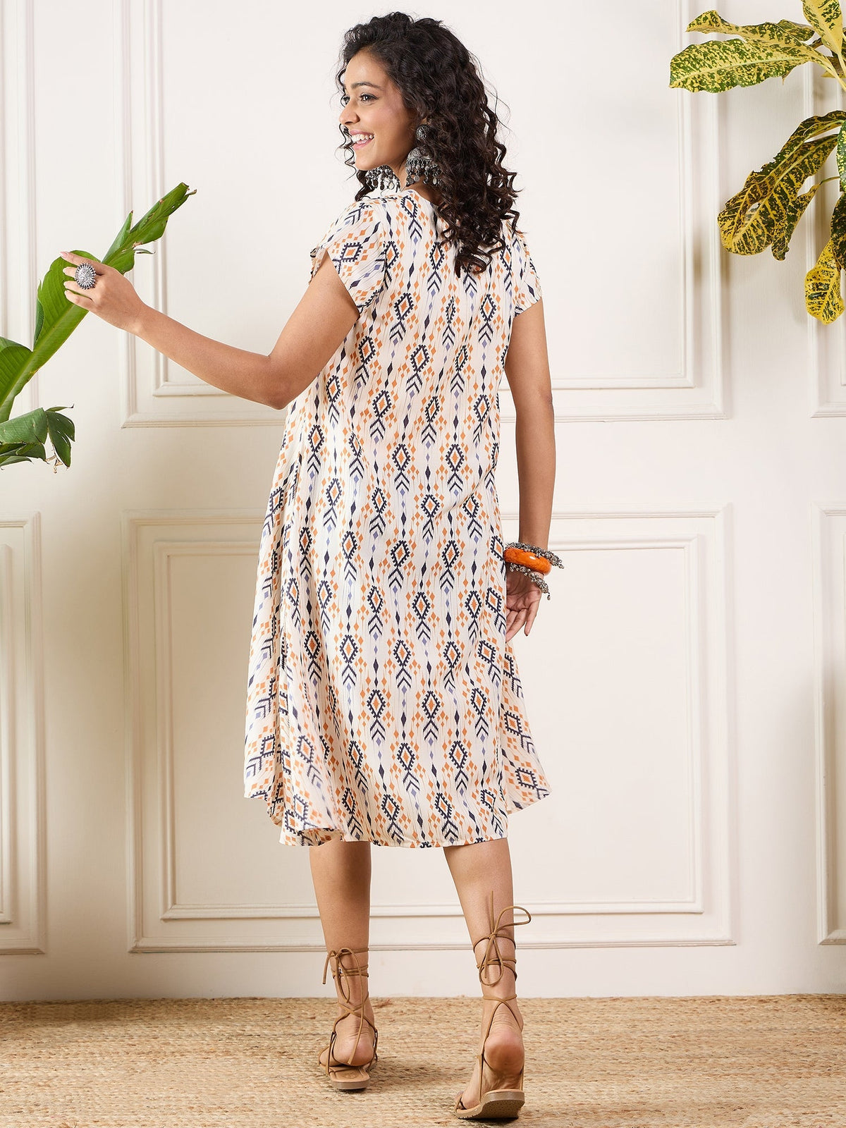 InWeave Off White Orange Black Ikkat Print Round Neck Aline Dress | Grocsy