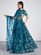 House of Panchhi Teal Net Sequins, Mirror And Thread Embroidery Lehenga Choli & Dupatta | Grocsy