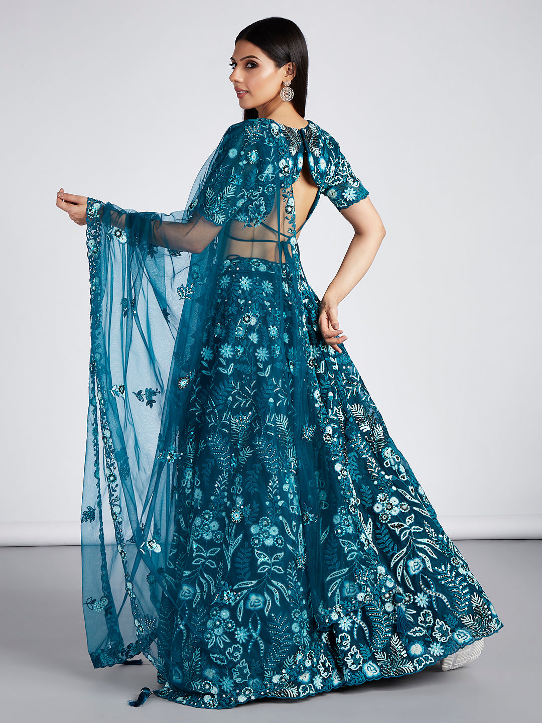 House of Panchhi Teal Net Sequins, Mirror And Thread Embroidery Lehenga Choli & Dupatta | Grocsy