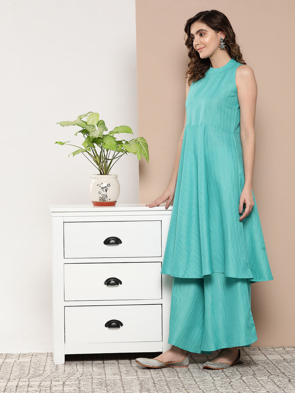 InWeave Women's Teal Lurex Boho Kurta Set With Aqua Leh Organza Dupatta | Grocsy