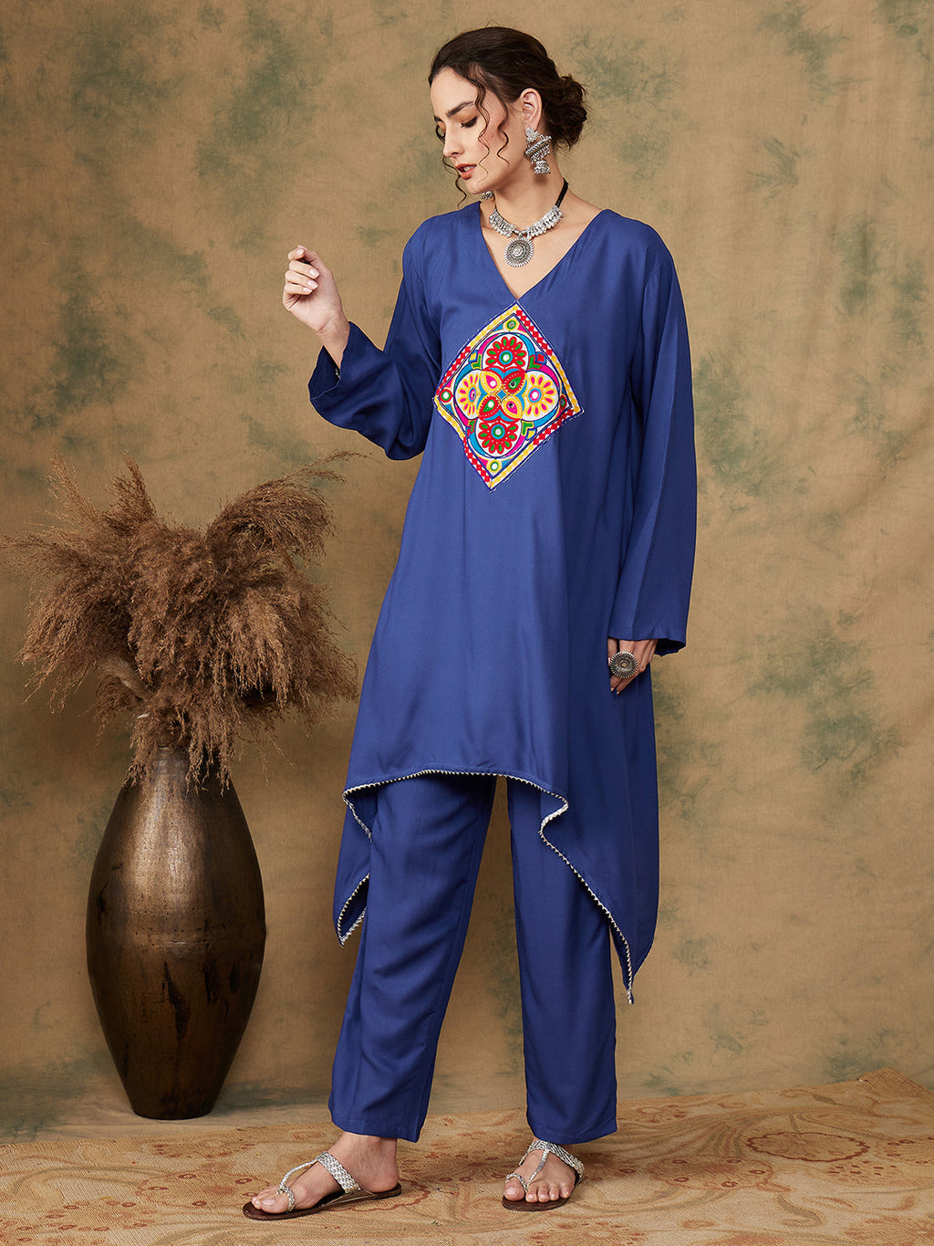 InWeave Women's Ink Blue Square Yellow Patch Work Assymentrical Kurta Set | Grocsy