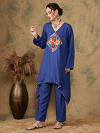 InWeave Women's Ink Blue Square Yellow Patch Work Assymentrical Kurta Set | Grocsy