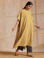 trueBrowns Mustard Dabu Zig-Zag Lines Print Cotton Panel Kaftan Kurta Pant Set | Grocsy