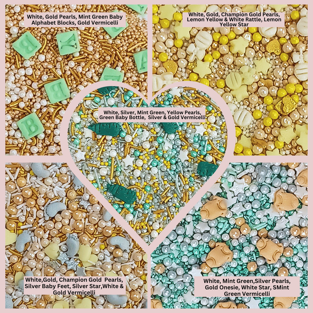 Confect Baby Shower Sprinkles | Mix Gold, Silver, Mint Green & Pearl Dragees Pack of 5 (BABY SHOWER -01) | Grocsy