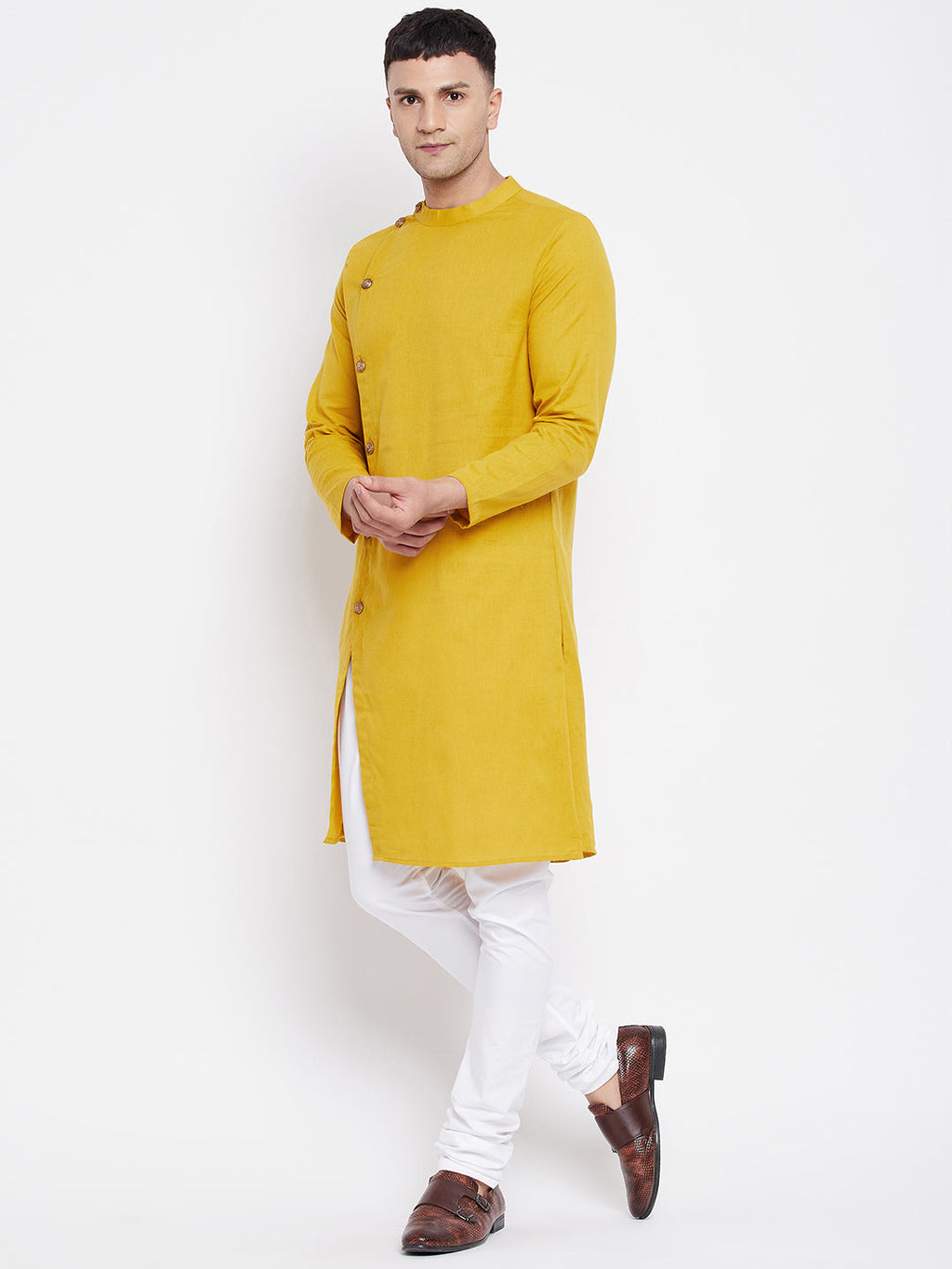 Even Apparels Yellow Pure Cotton Kurta With Band Collar | Grocsy