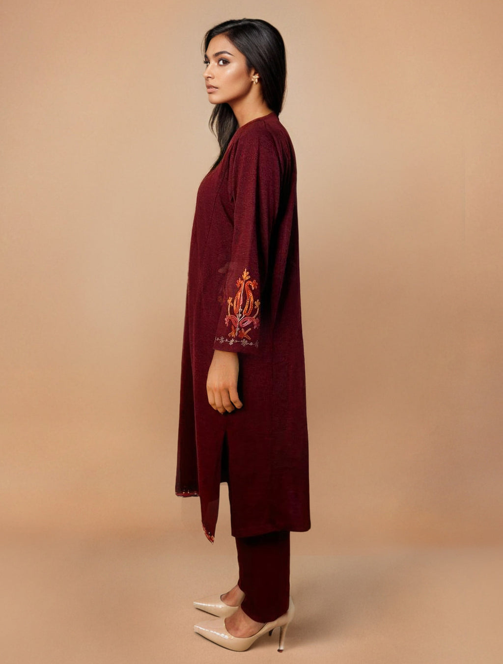 trueBrowns Maroon Embroidered Woollen Phiran Kurta Set | Grocsy