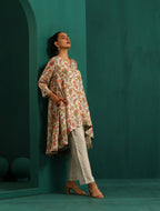 trueBrowns Off white Floral Jaal Muslin Silk Printed High Low Co-ord Set | Grocsy