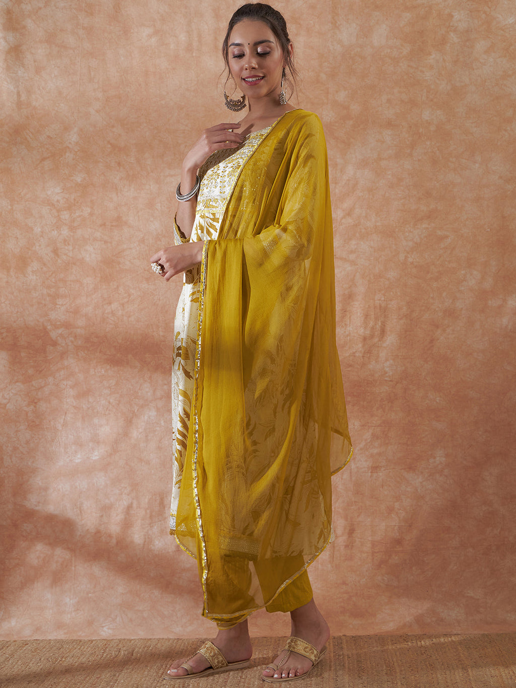 InWeave Women's White Mustard Lurex Leaf Print Patch Gota Kurta Set W Mustard Dupatta | Grocsy