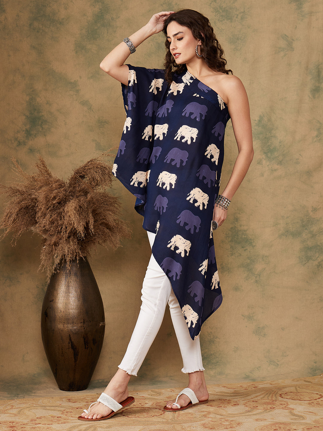 InWeave Women's Blue Elephant Print Oneshoulder Top | Grocsy