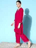 InWeave Women's Fuschia Velvet Kurta Set With Grey Gold Georgette Dupatta | Grocsy