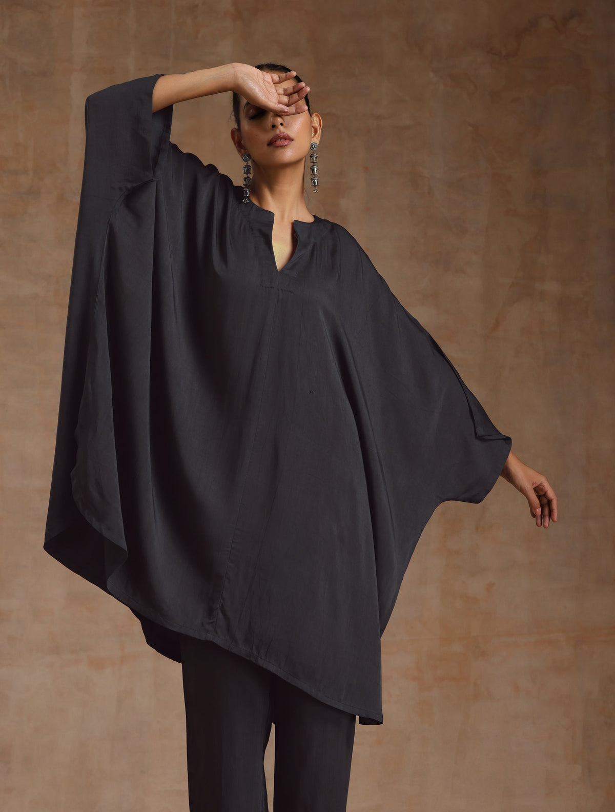 trueBrowns Grey Modal Satin Oversized Round Co-Ord Set | Grocsy