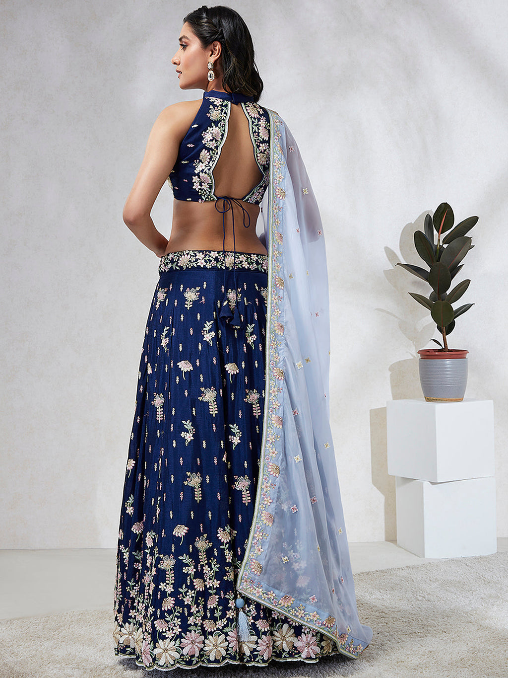 House of Panchhi Navy Blue Pure Georgette Sequins And Thread Embroidery Lehenga Choli & Dupatta | Grocsy