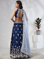 House of Panchhi Navy Blue Pure Georgette Sequins And Thread Embroidery Lehenga Choli & Dupatta | Grocsy