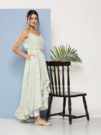 Ahalyaa Women Sea Green Floral Printed Empire Gotta Patti Kurta with Trousers | Grocsy