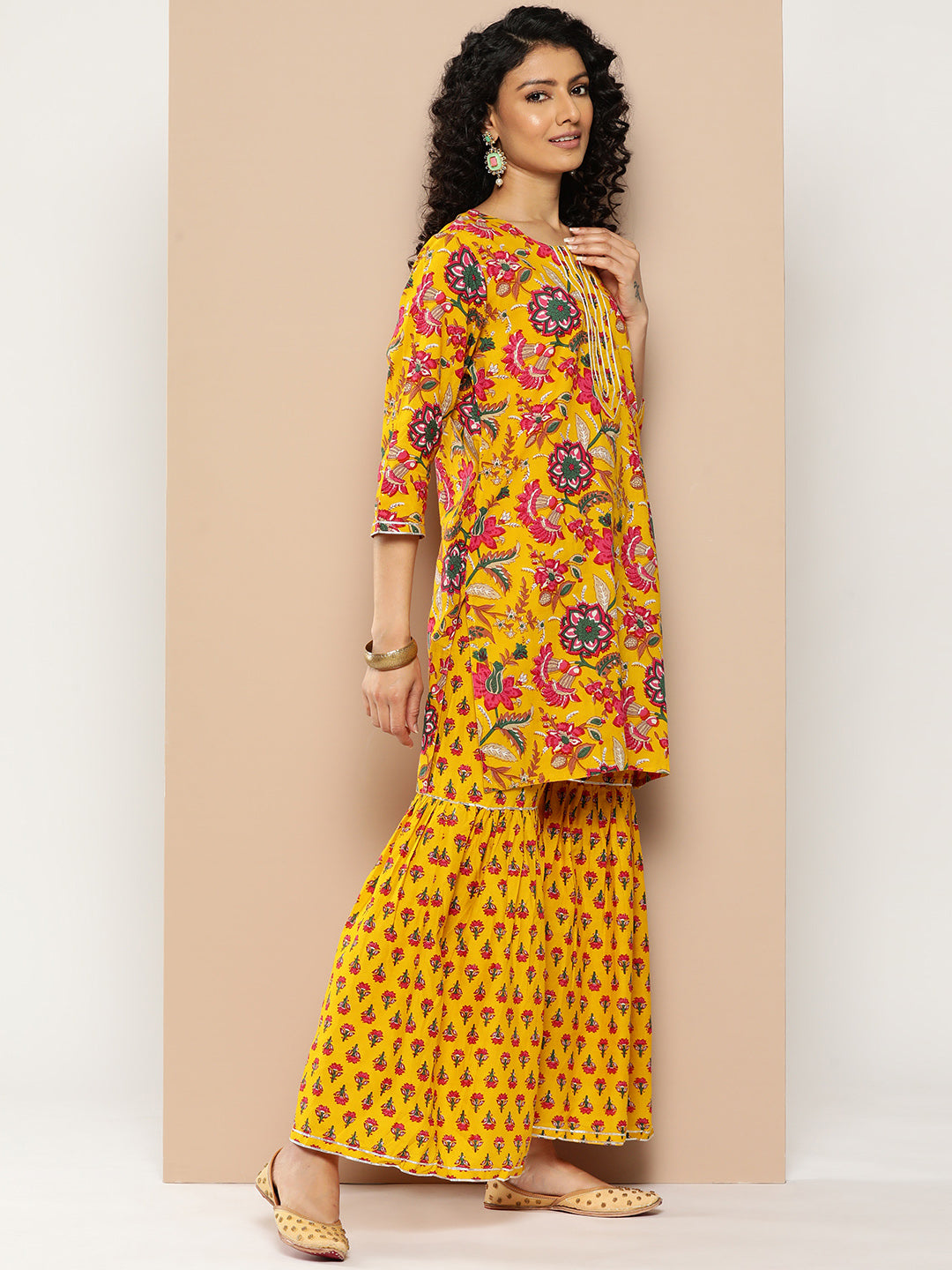 KSUT (House of Varanga) Yellow & Pink Floral Printed Kurta with Gota Work With Sharara & Dupatta | Grocsy