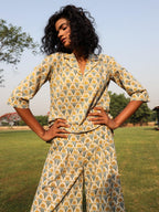 trueBrowns Light Sage Cotton Block Print Lapel Shirt Co-Ord Set | Grocsy
