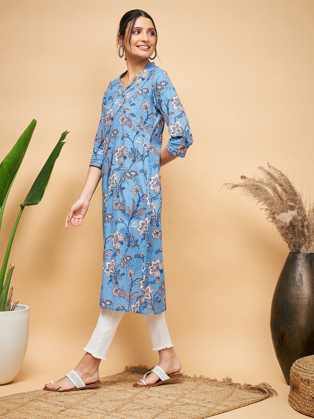 InWeave Women's Skyblue Pink Floral Angrakha Straight Kurta | Grocsy