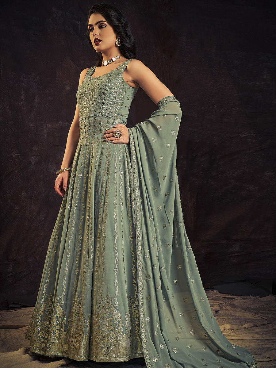 Myra Olive Real Georgette Designer Gown Style Suit | Grocsy