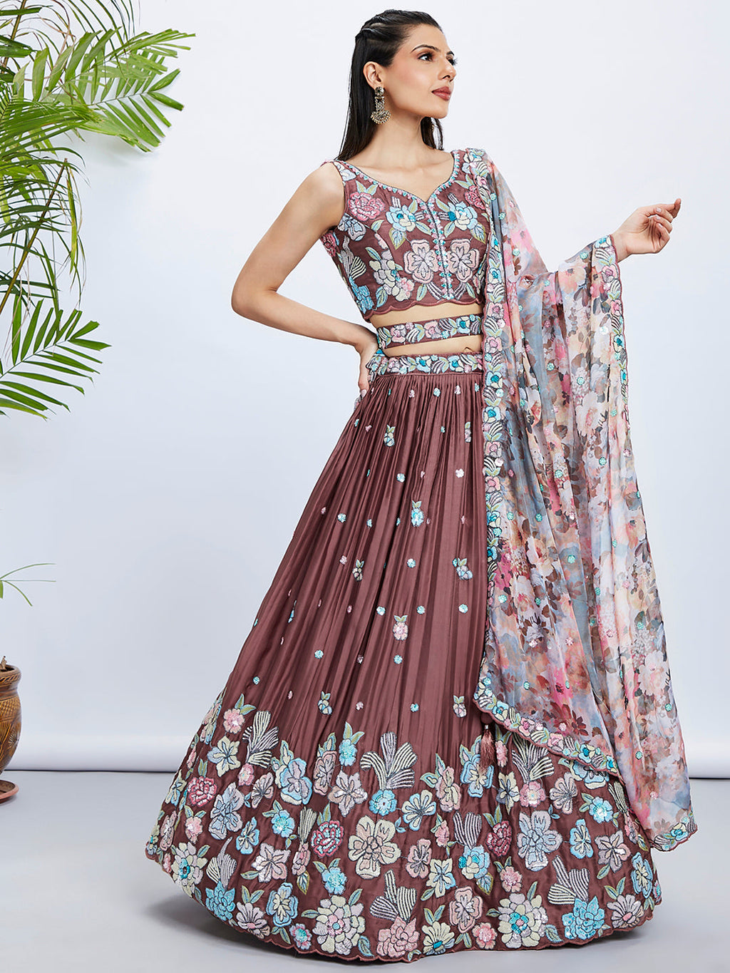 House of Panchhi Rose Gold Pure Georgette Sequins And Thread Embroidery Lehenga Choli & Dupatta | Grocsy