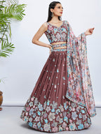 House of Panchhi Rose Gold Pure Georgette Sequins And Thread Embroidery Lehenga Choli & Dupatta | Grocsy