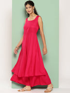 InWeave Women's Fuchsia Sleeveless Kurta Set W Navy Floral Or Dupatta | Grocsy