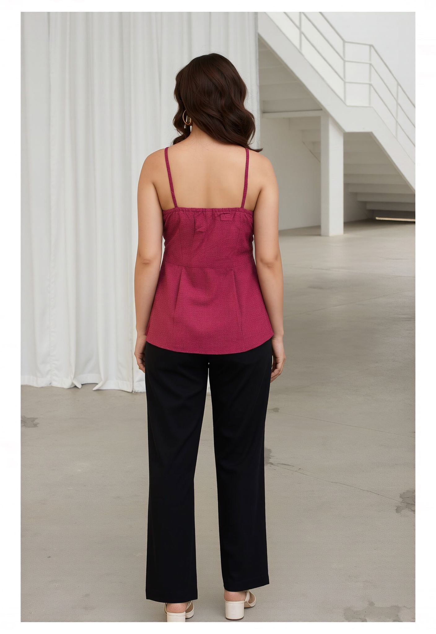 Myshka Women Mauve Linen Shoulder Strap Pleated Top | Grocsy