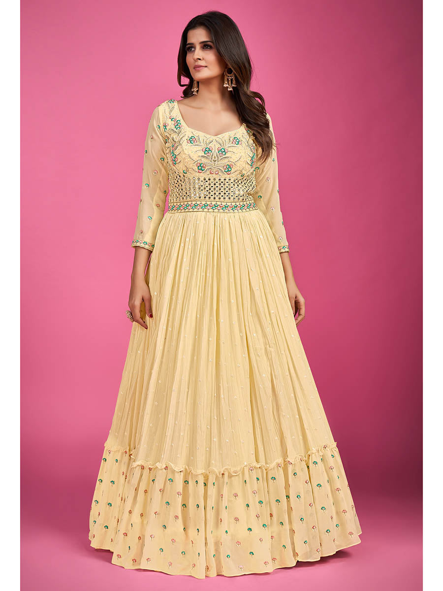 Myra Yellow Pure Georgette Embroidered Gown | Grocsy