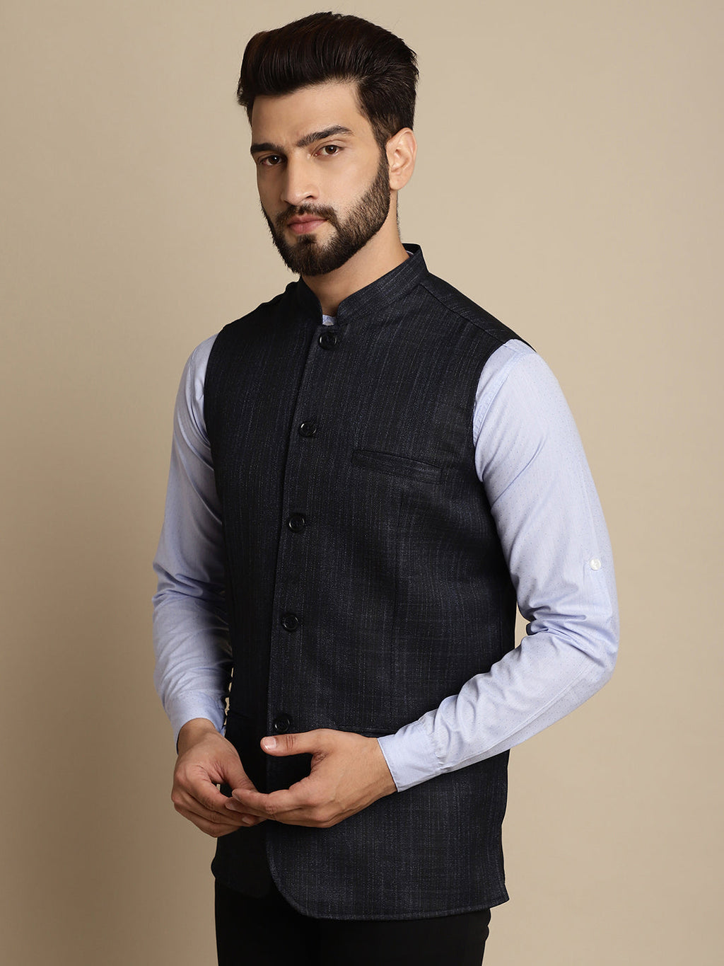 Even Apparels Men's Blue Mandarin Collar Waistcoat | Grocsy