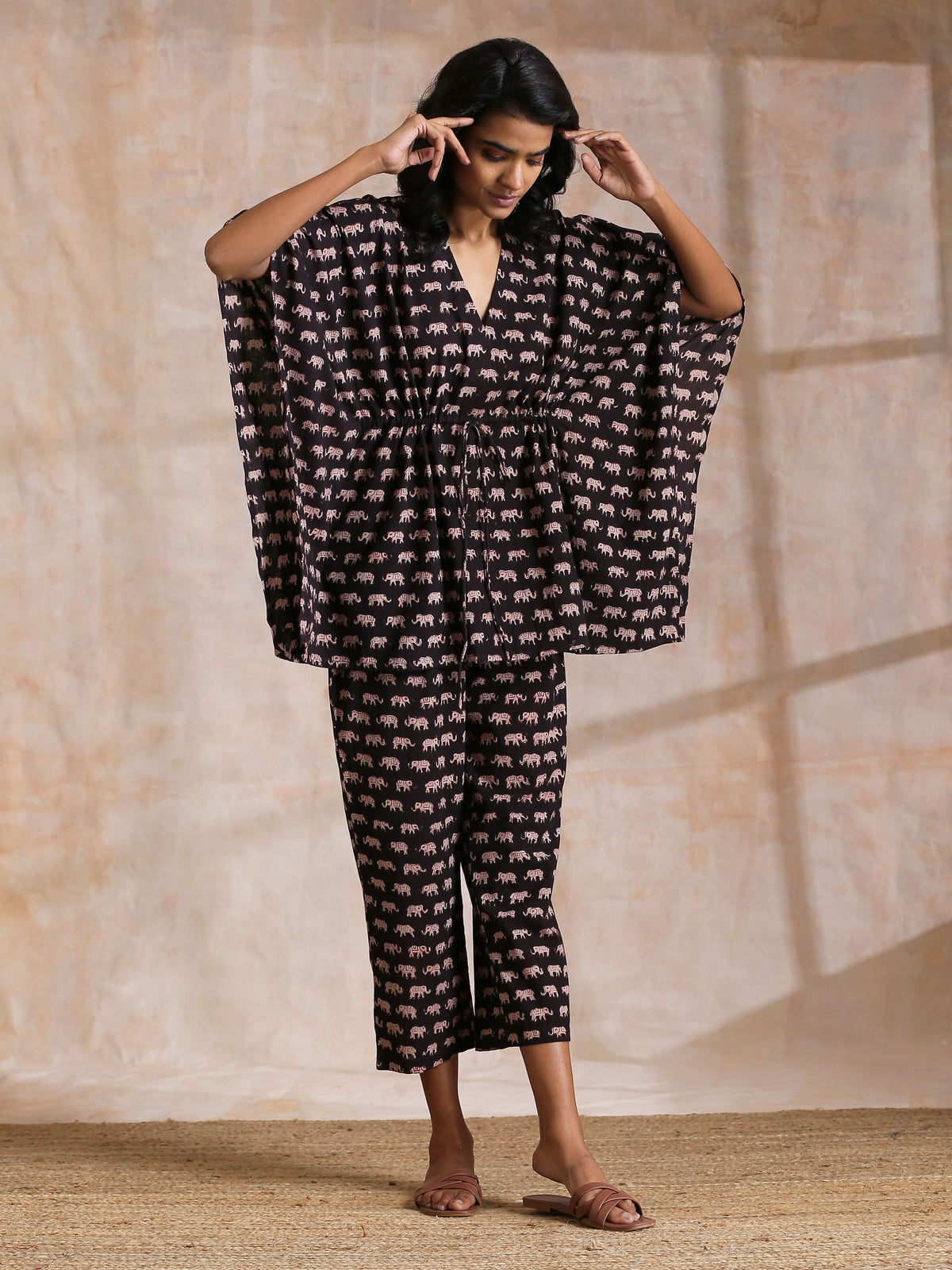 trueBrowns Black Elephant Bagru Print Cotton Kaftan Co-Ord Set | Grocsy