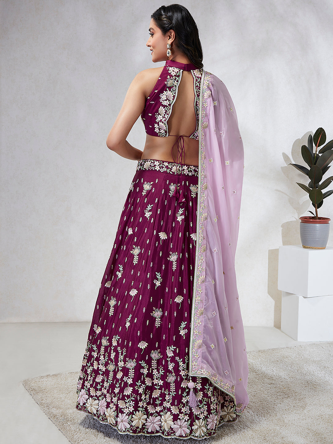 House of Panchhi Burgundy Pure Georgette Sequins And Thread Embroidery Lehenga Choli & Dupatta | Grocsy