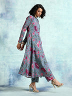trueBrowns Grey Printed Velvet Anarkali Kurta | Grocsy