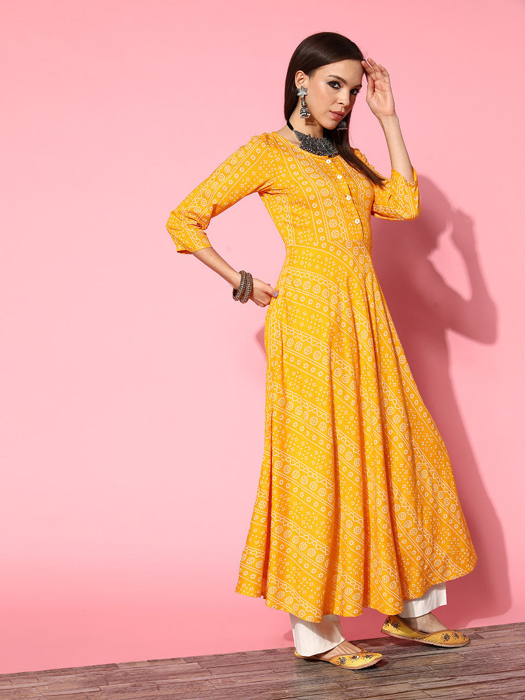 InWeave Women's Yellow Bandhani Long Anarkali Kurta With Green Bandhani Dupatta | Grocsy