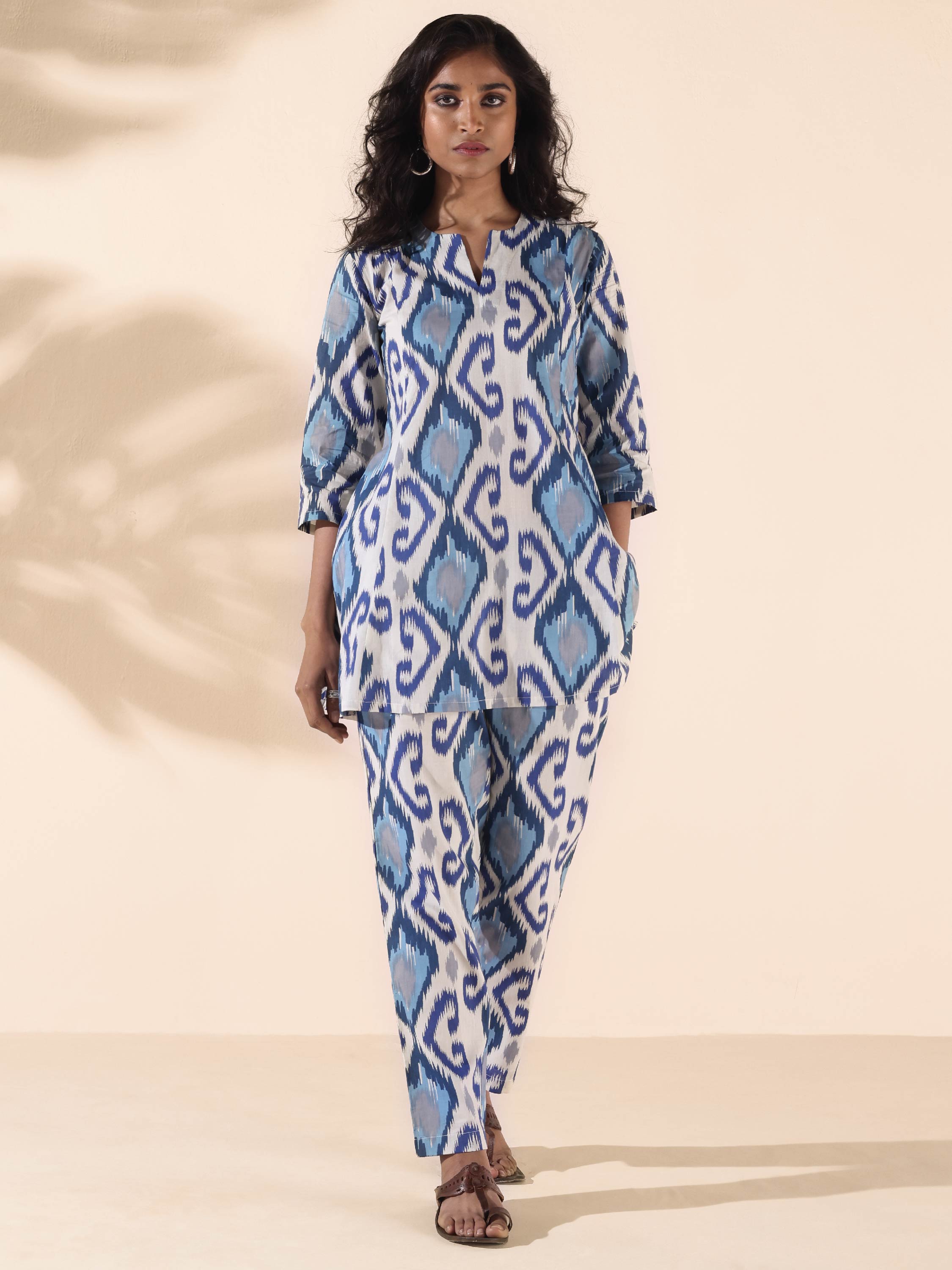 trueBrowns Blue Cotton Ikat Relaxed Co-ord Set | Grocsy