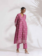 trueBrowns Pink Cotton Floral Embroidered Flared Kurta Set | Grocsy