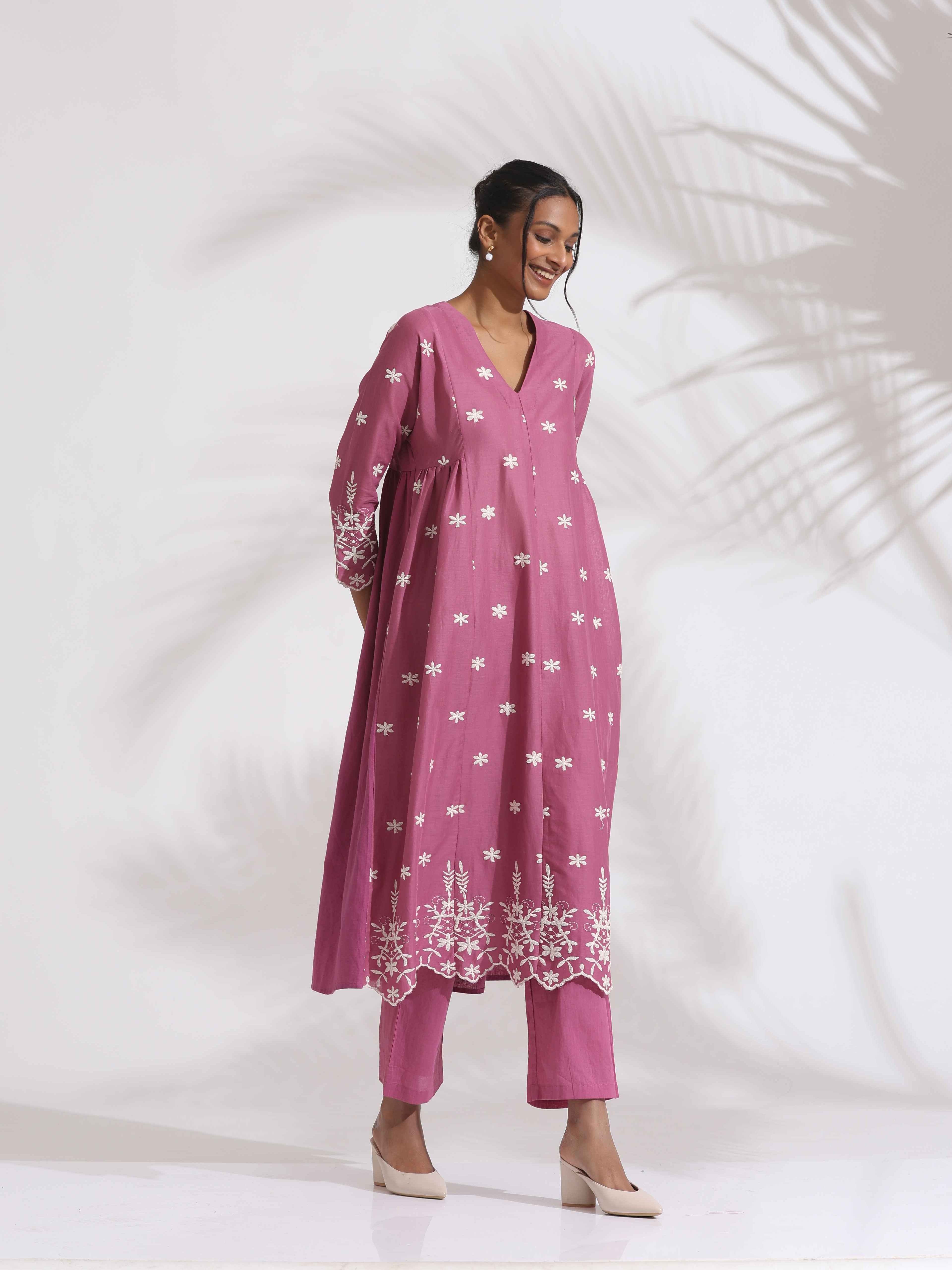 trueBrowns Pink Cotton Floral Embroidered Flared Kurta Set | Grocsy