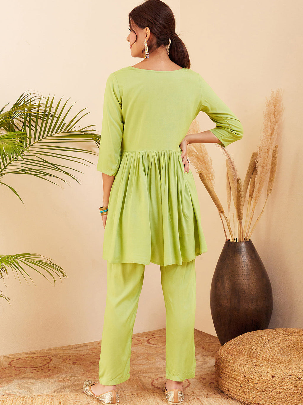 InWeave Women's Pear Green Round Neck Square Gota Work Kurta Pant Set | Grocsy