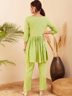 InWeave Women's Pear Green Round Neck Square Gota Work Kurta Pant Set | Grocsy